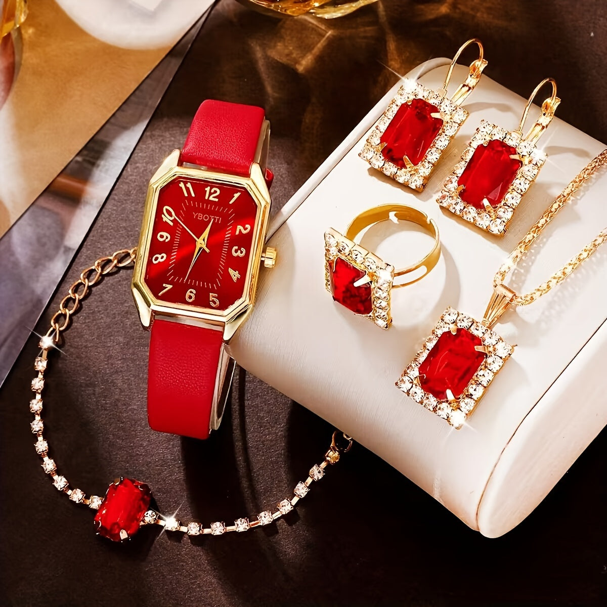 5PCS/6PCS Women's Watch Retro Rectangle Pointer Quartz Watch Analog PU Leather Wrist Watch & Jewelry Set, Gift For Mom Her