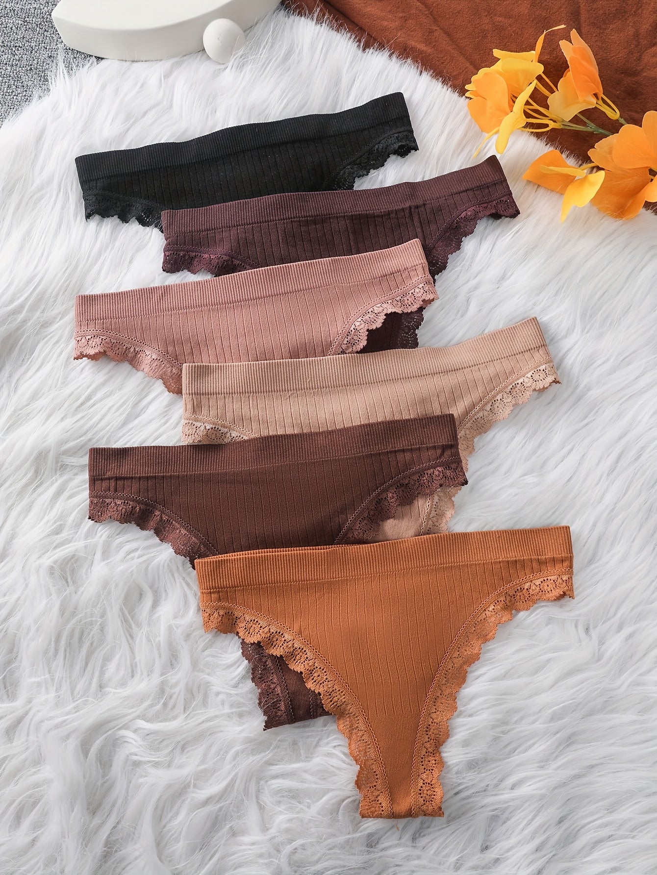 6pcs Solid Ribbed Lace Trim Thongs, Comfy Breathable Stretchy Intimates Panties, Women's Lingerie & Underwear