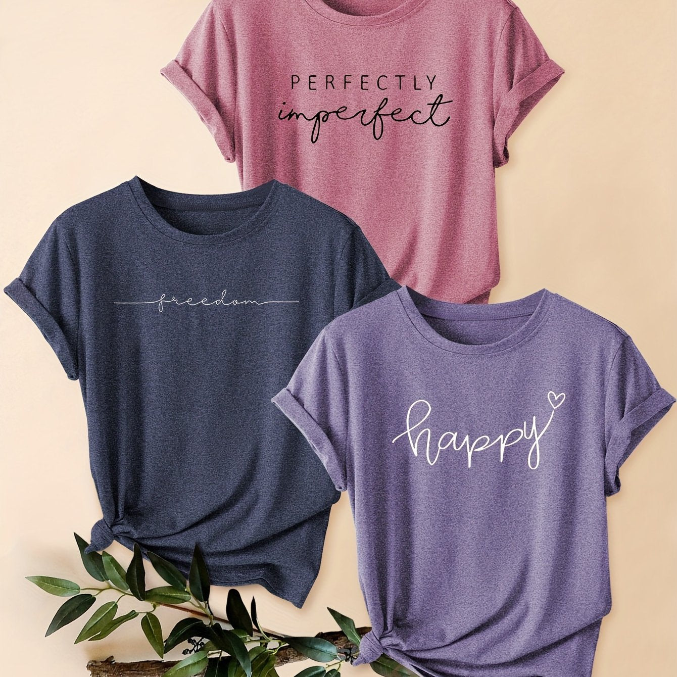 3-piece Mixed Pack Retro Style Letter Print Comfortable Breathable T-Shirt, Casual Crew Neck Short Sleeve Sports Tops For Summer, Women's Clothing