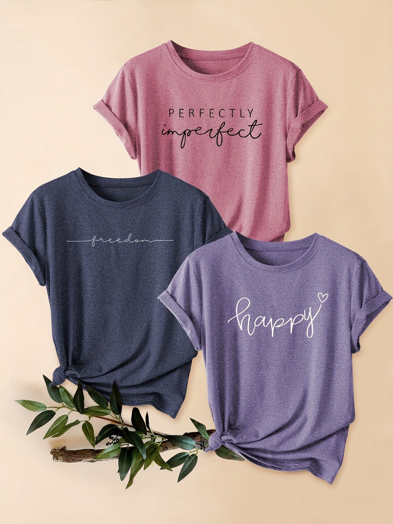 3-piece Mixed Pack Retro Style Letter Print Comfortable Breathable T-Shirt, Casual Crew Neck Short Sleeve Sports Tops For Summer, Women's Clothing