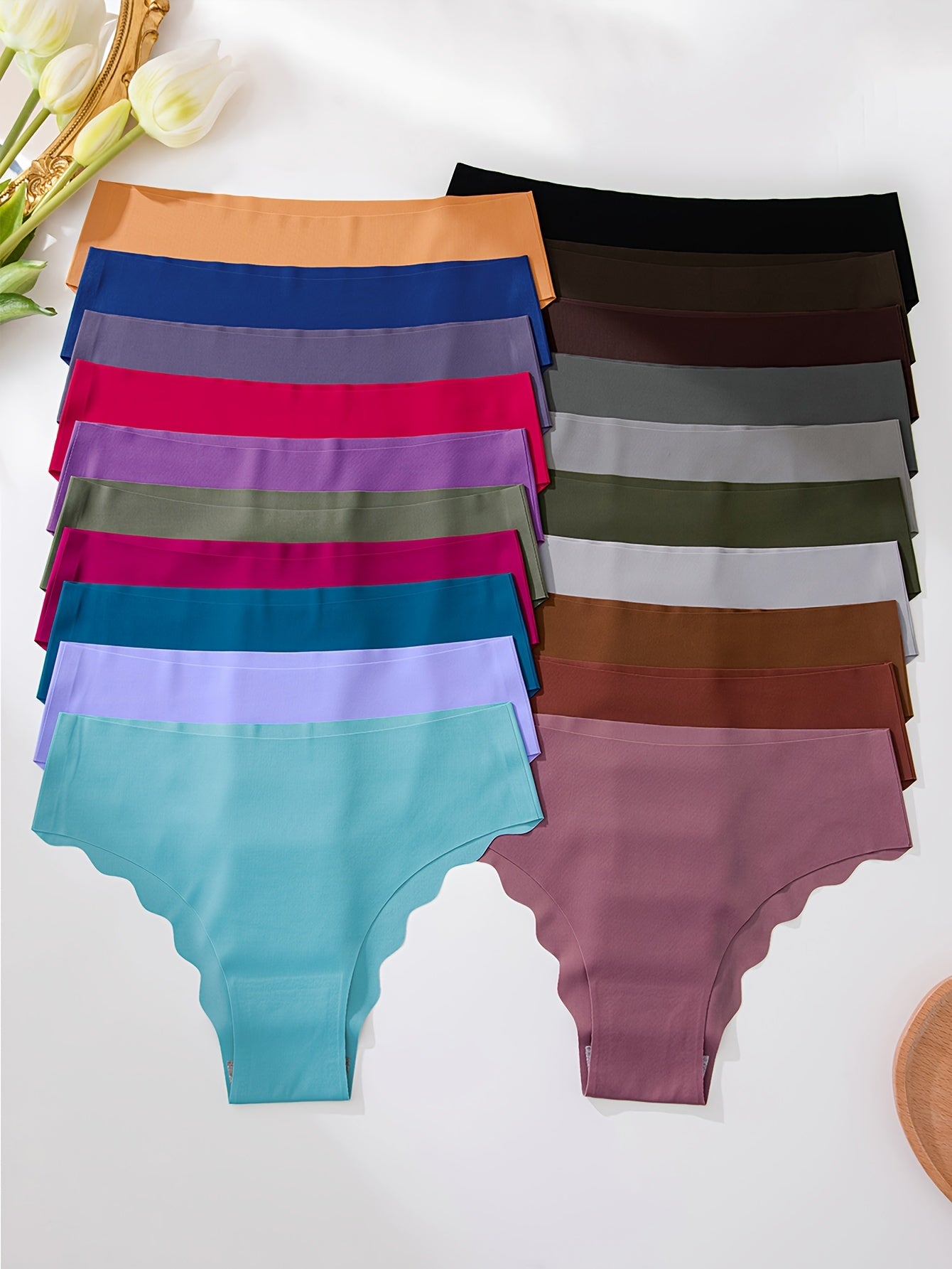 12pcs Solid Seamless Scallop Trim Briefs, Simple Comfy Breathable Stretchy Intimates Panties, Women's Lingerie & Underwear