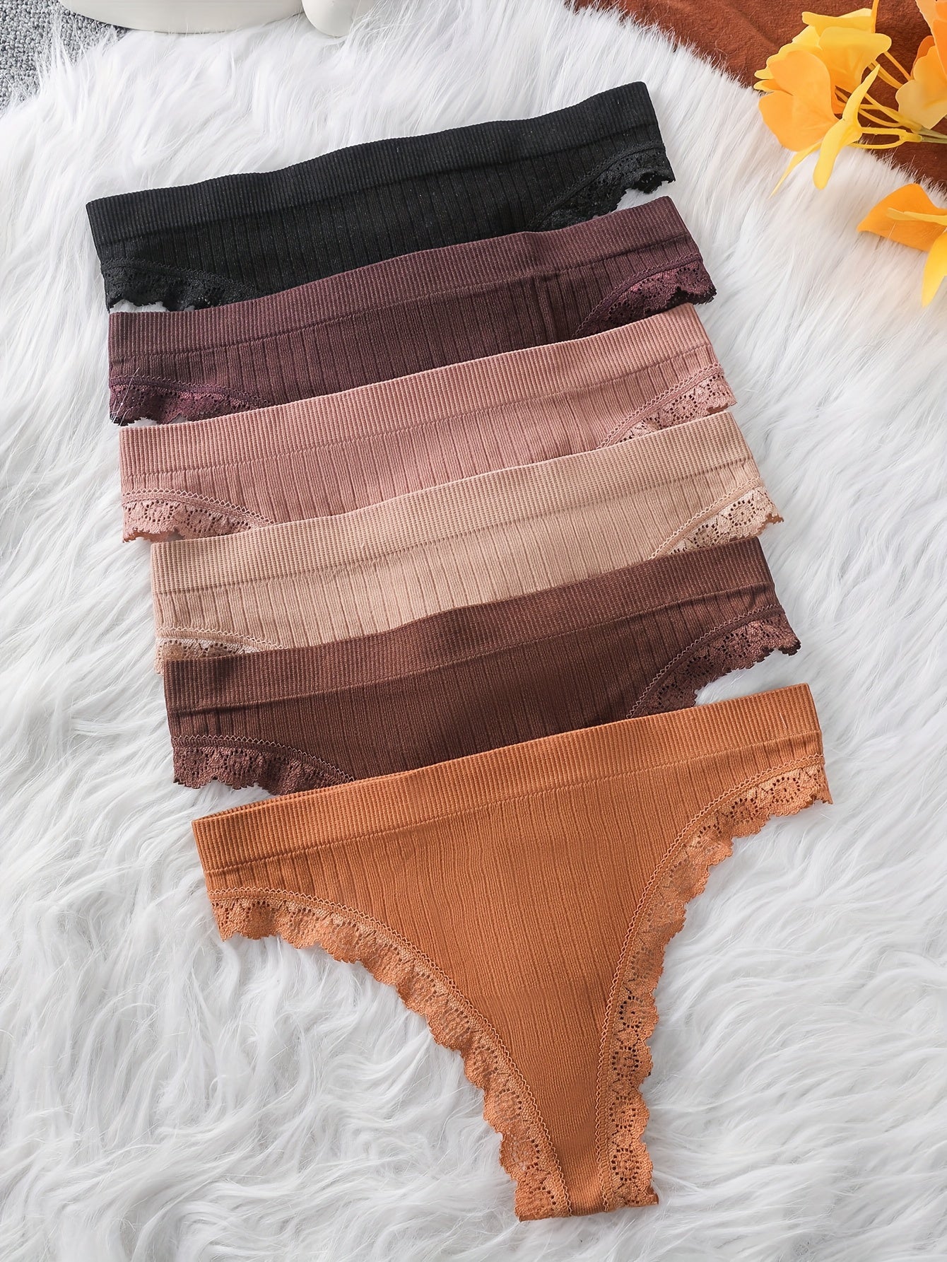 6pcs Solid Ribbed Lace Trim Thongs, Comfy Breathable Stretchy Intimates Panties, Women's Lingerie & Underwear