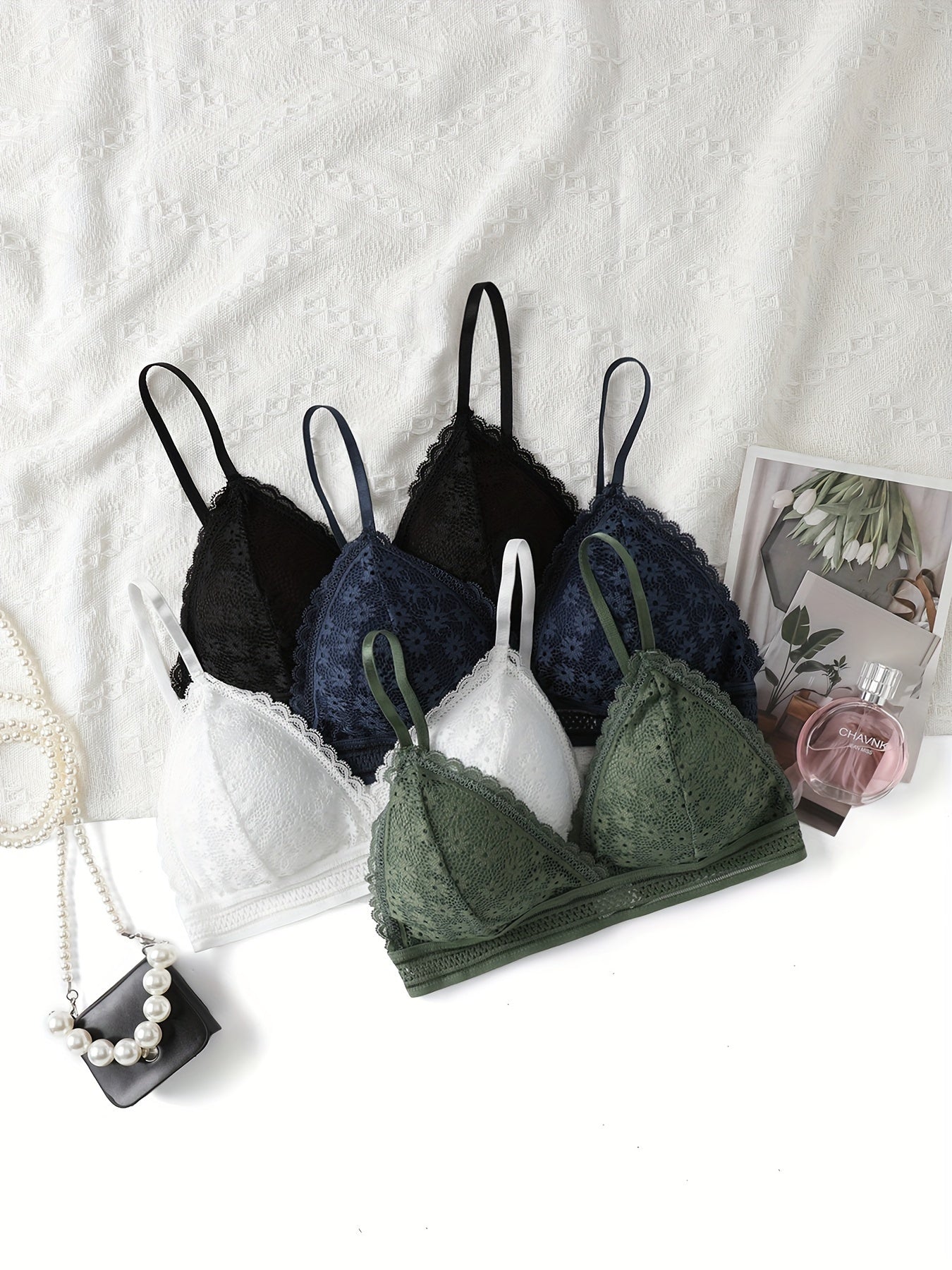 4pcs Contrast Lace Wireless Bras, Comfy & Breathable Scallop Trim Bra, Women's Lingerie & Underwear