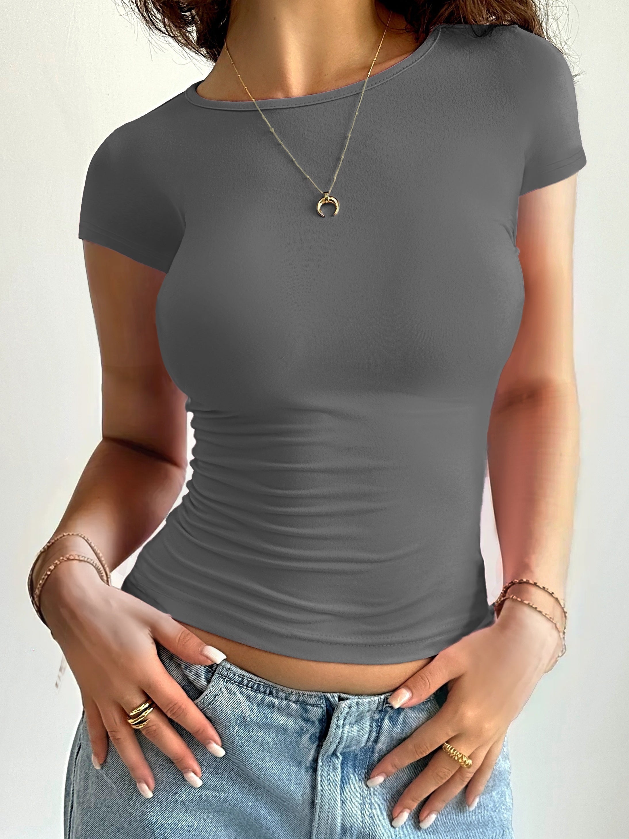 Crew Neck Tight Fit T-shirt, Y2K Short Sleeve Summer Top, Women's Clothing