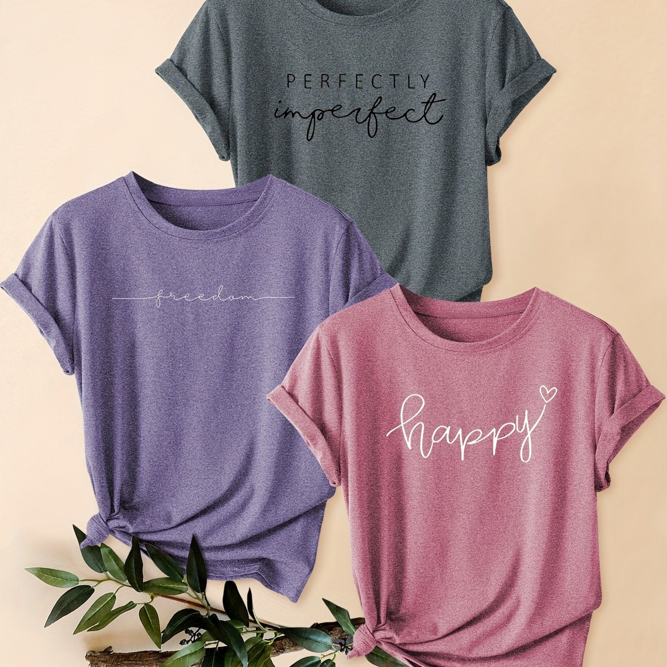 3-piece Mixed Pack Retro Style Letter Print Comfortable Breathable T-Shirt, Casual Crew Neck Short Sleeve Sports Tops For Summer, Women's Clothing