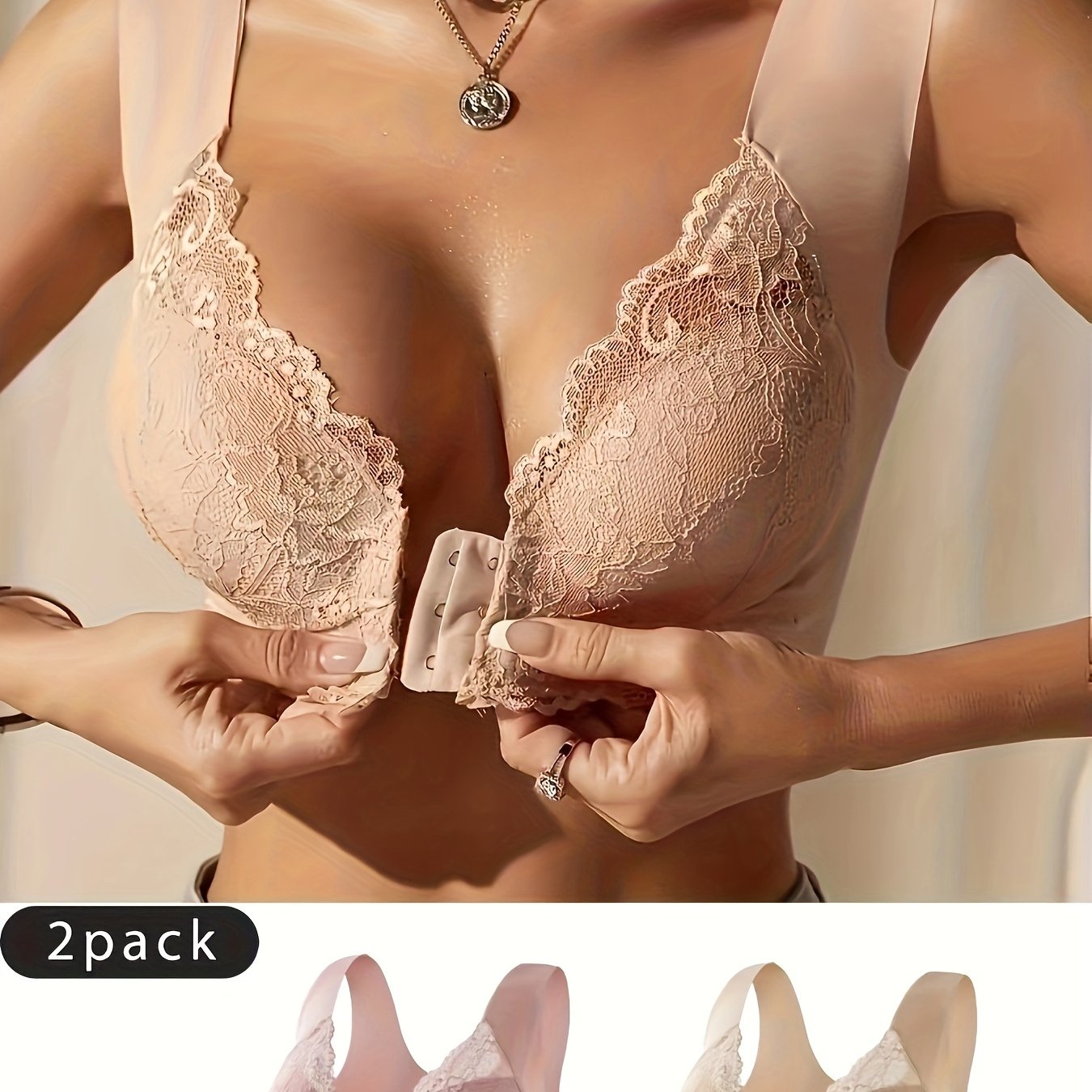 2-Pack Women's Front Closure Bras, Elegant Lace Lingerie Set, Fashionable Deep V-Neck Wireless Underwear