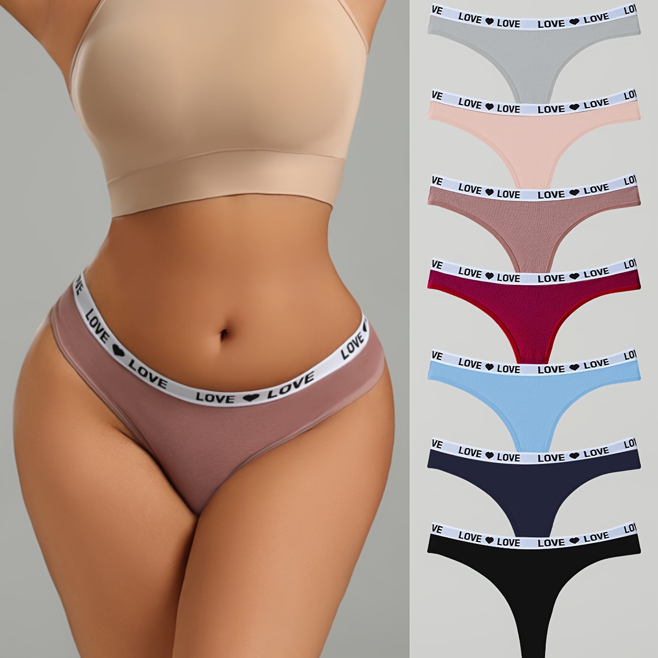 7-Pack Sexy Thong Panties for Women, 95% 5% Elastane, Solid Color, Knit Fabric, Drop Waist, 155gsm, Comfort Fit Underwear Set