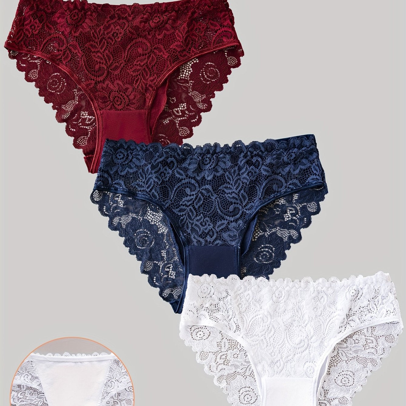 3pcs Solid Lace Briefs, Comfy Breathable Stretchy Intimates Panties, Women's Lingerie & Underwear