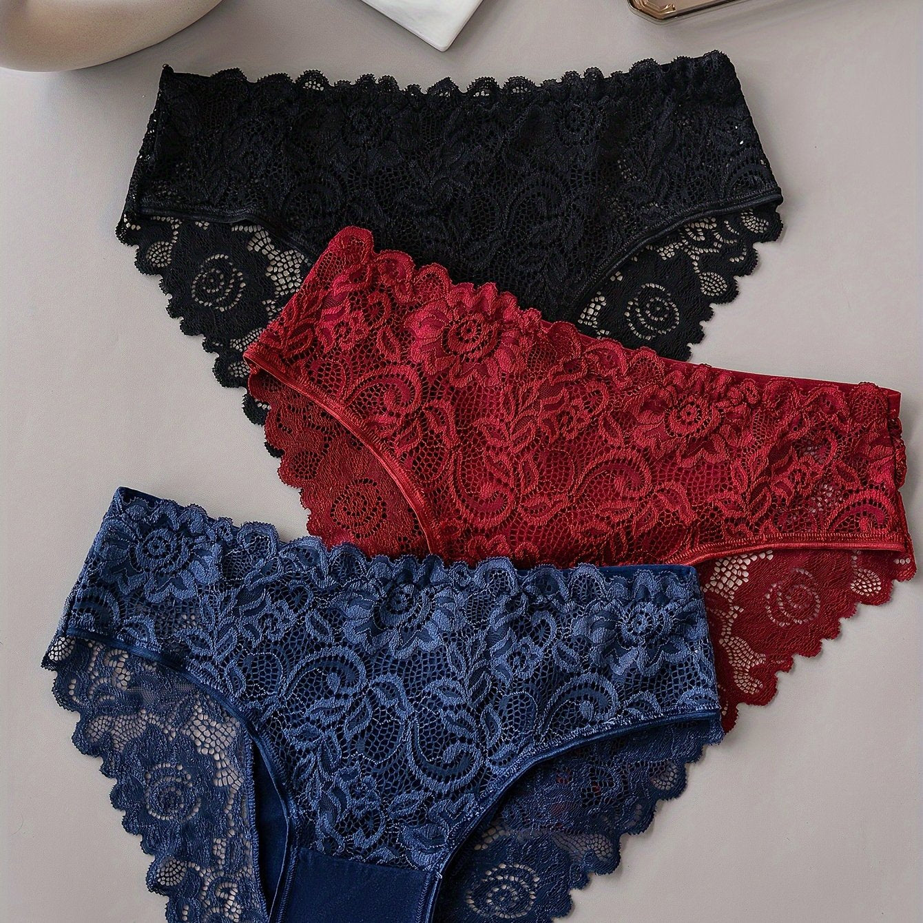 3pcs Solid Lace Briefs, Comfy Breathable Stretchy Intimates Panties, Women's Lingerie & Underwear