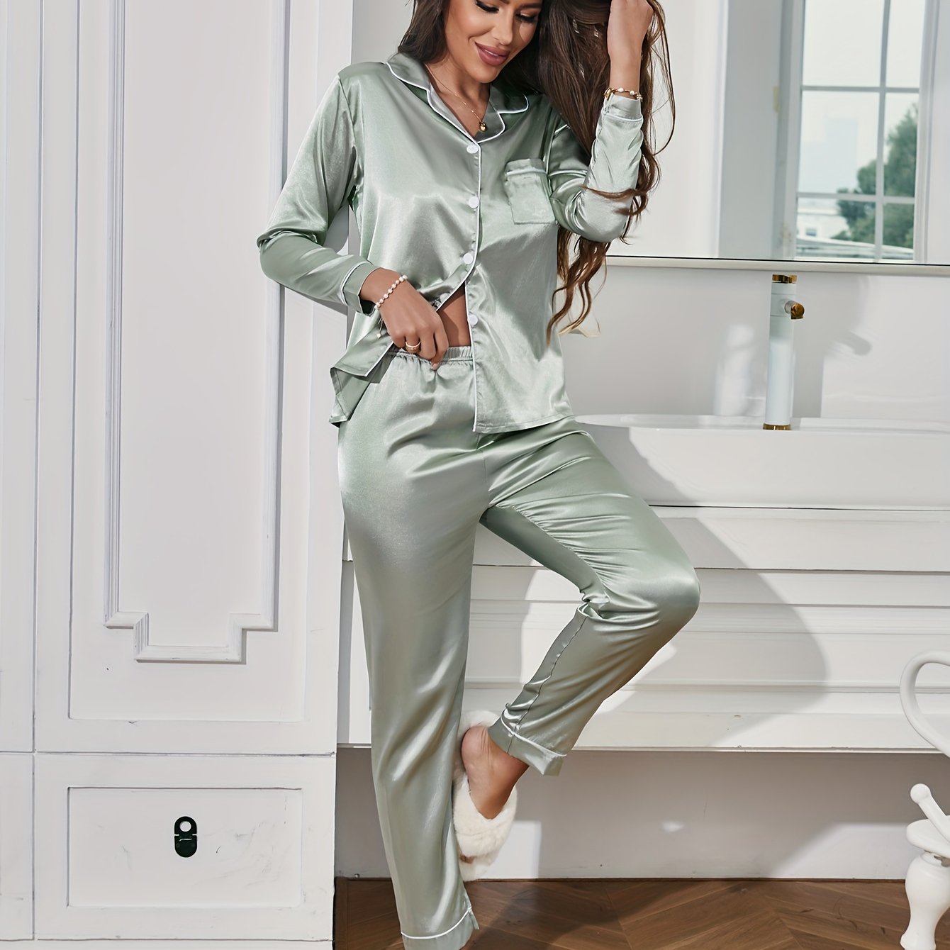 Solid Pajama Set, Long Sleeve Button Up Lapel Top & Pants Pj Set, Women's Sleepwear & Loungewear