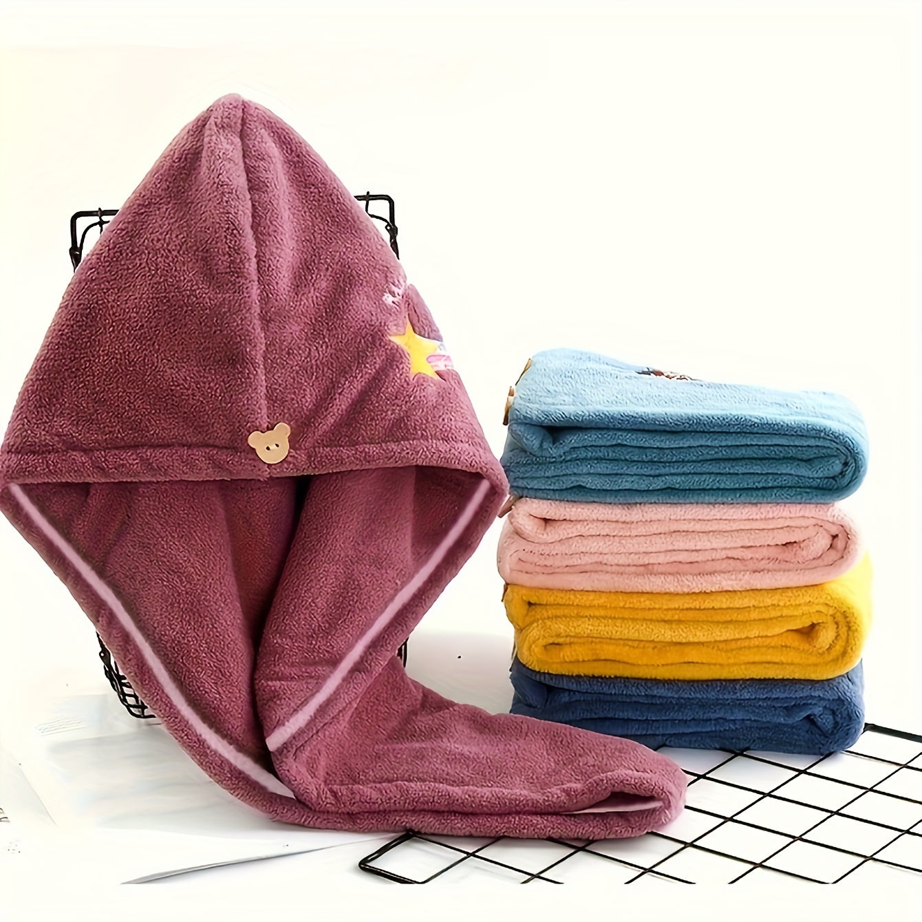 1pc Rainbow Embroidered Hair Towel With Button, Soft Hair Drying Cap, Cute Solid Color Hair Towel For Bathroom, Absorbent Quick Drying Hair Wrap Towel For Women, Bathroom Supplies, Bathroom Accessories