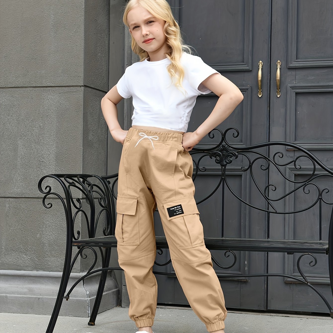 BINPAW Girls Casual Cargo Jogger Pants High Waisted Cargo Pants Outdoor Pants With Pockets