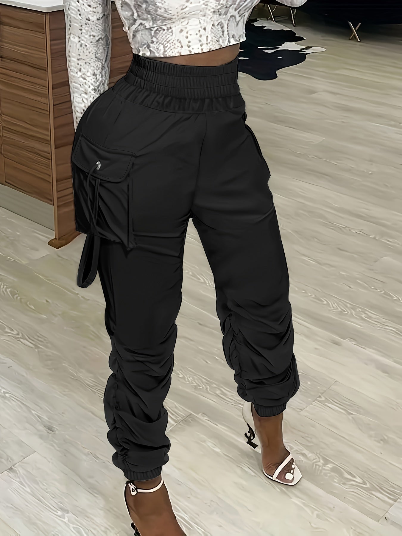 Women's Olive Green Cargo Pants with Ruched Waist - Casual Polyester, Straight Fit, Solid Color, Machine Washable, All-Season Wear