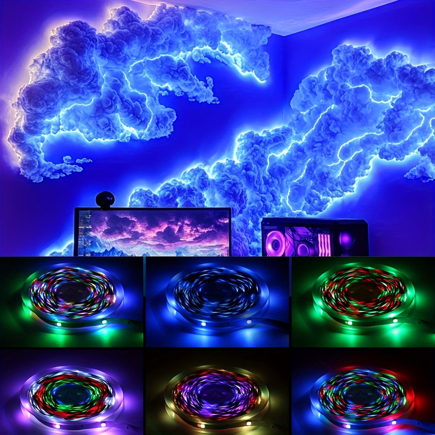 4.88meter Big Cloud Light: Music Sync Multicolor Changing Strip Light for Gaming Room or Bedroom - DIY Decorations, USB Power, Remote Control, and Adjustable Height, perfect for Christmas gifts, holiday office, bedroom, hotel
