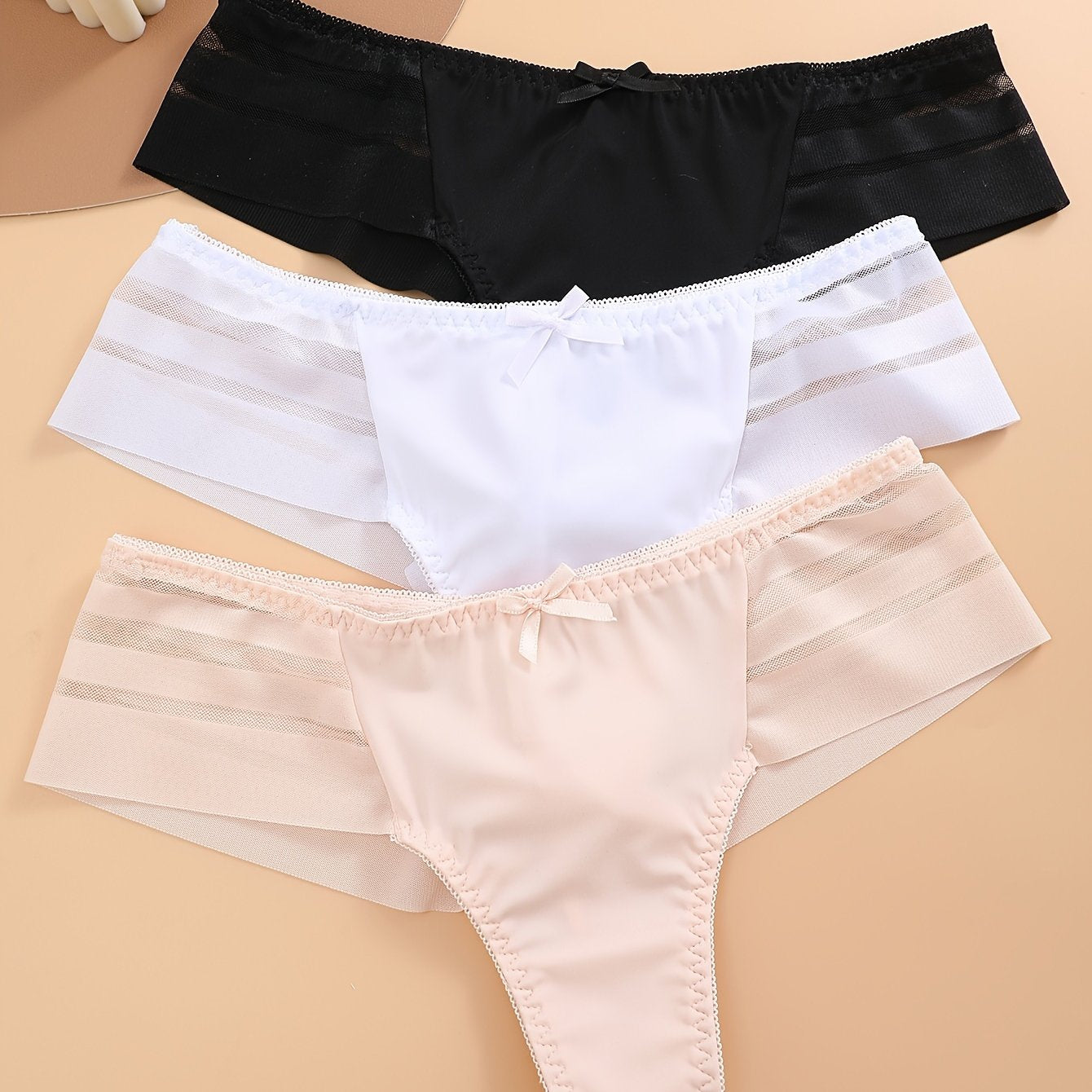 3pcs Mesh Stitching Thongs, Soft & Comfy Stretchy Intimates Panties, Women's Lingerie & Underwear