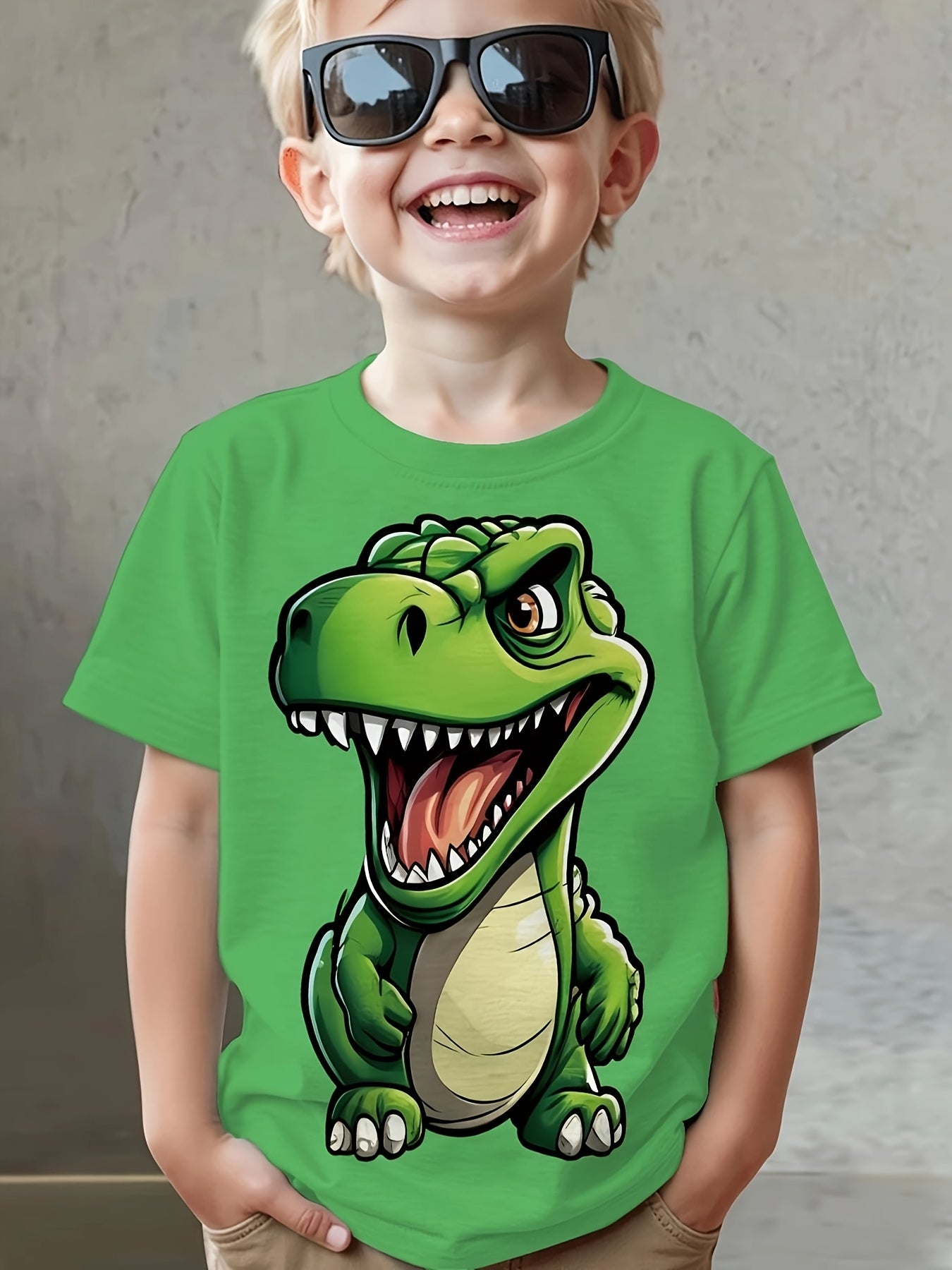Adorable Dinosaur-Themed Design on a Boys' Short-Sleeve T-Shirt with a Round Neck, Suitable for Sports And Casual Outings, Made from Slightly Stretchy Fabric That Is Comfortable And Breathable, Featuring a Stylish Look That P