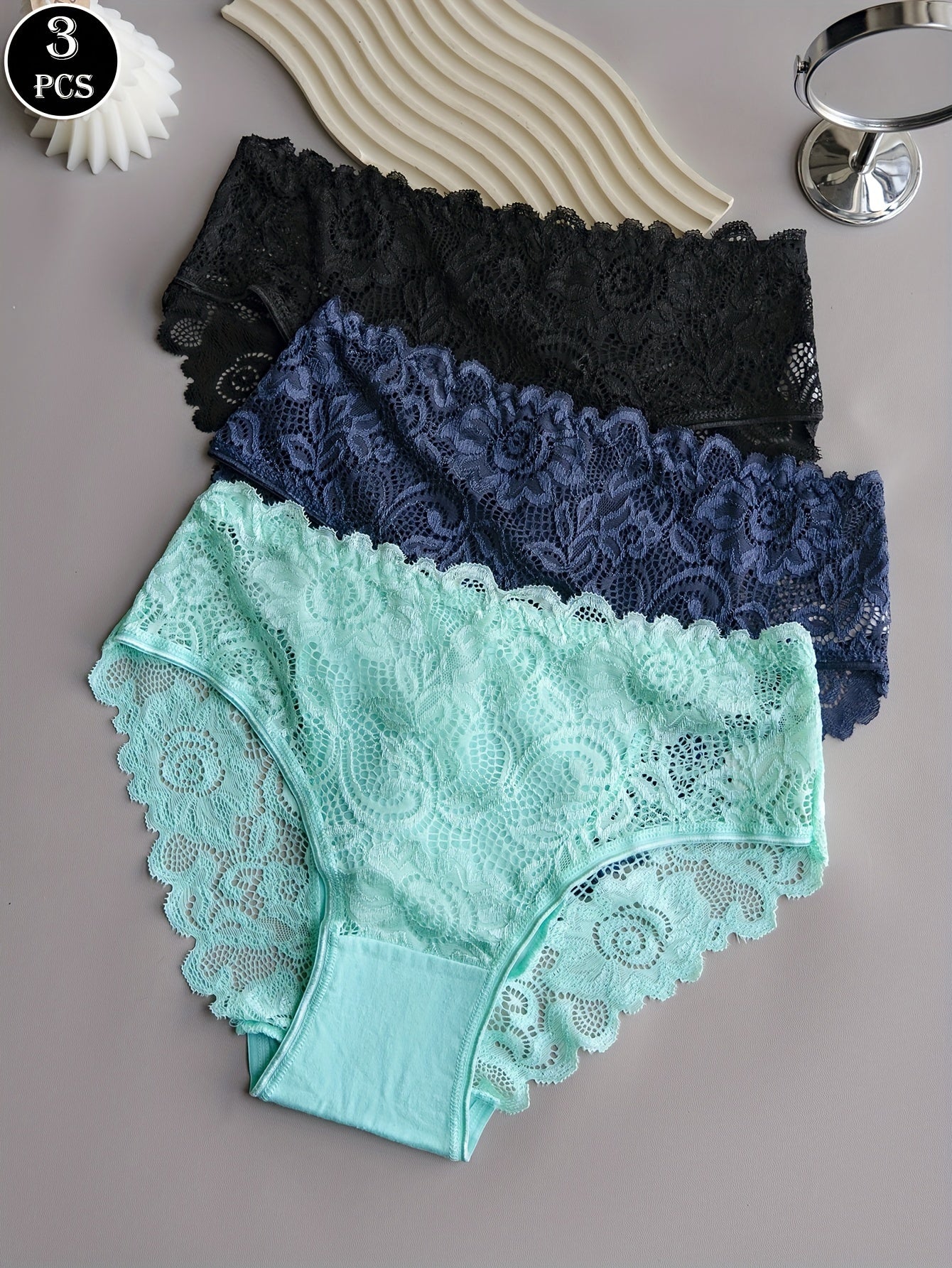 3pcs Solid Lace Briefs, Comfy Breathable Stretchy Intimates Panties, Women's Lingerie & Underwear