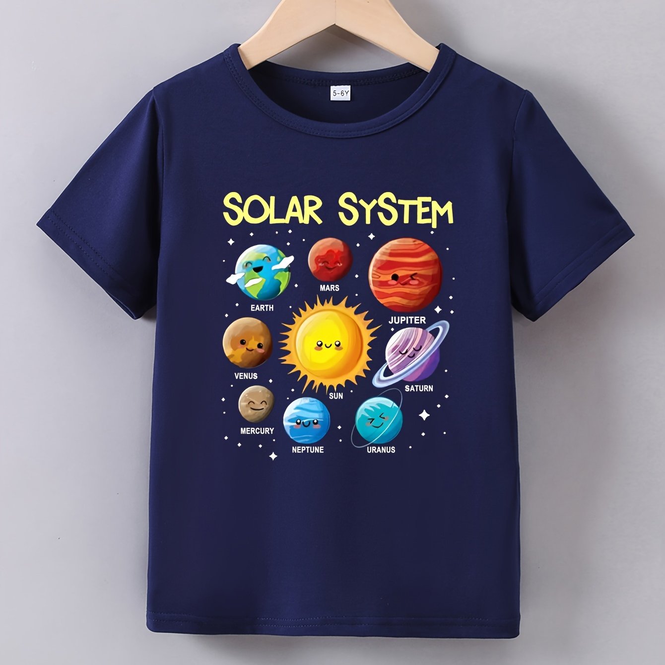 Youngsters' Solar System Planet Encyclopedia Print Tee - Red Short Sleeve Crewneck, Educational Space-Themed T-Shirt for Boys and Girls, Polyester/Spandex Blend, Summer Wear, Casual Youngsters Tee|Round Neck Tshirt|Polyester