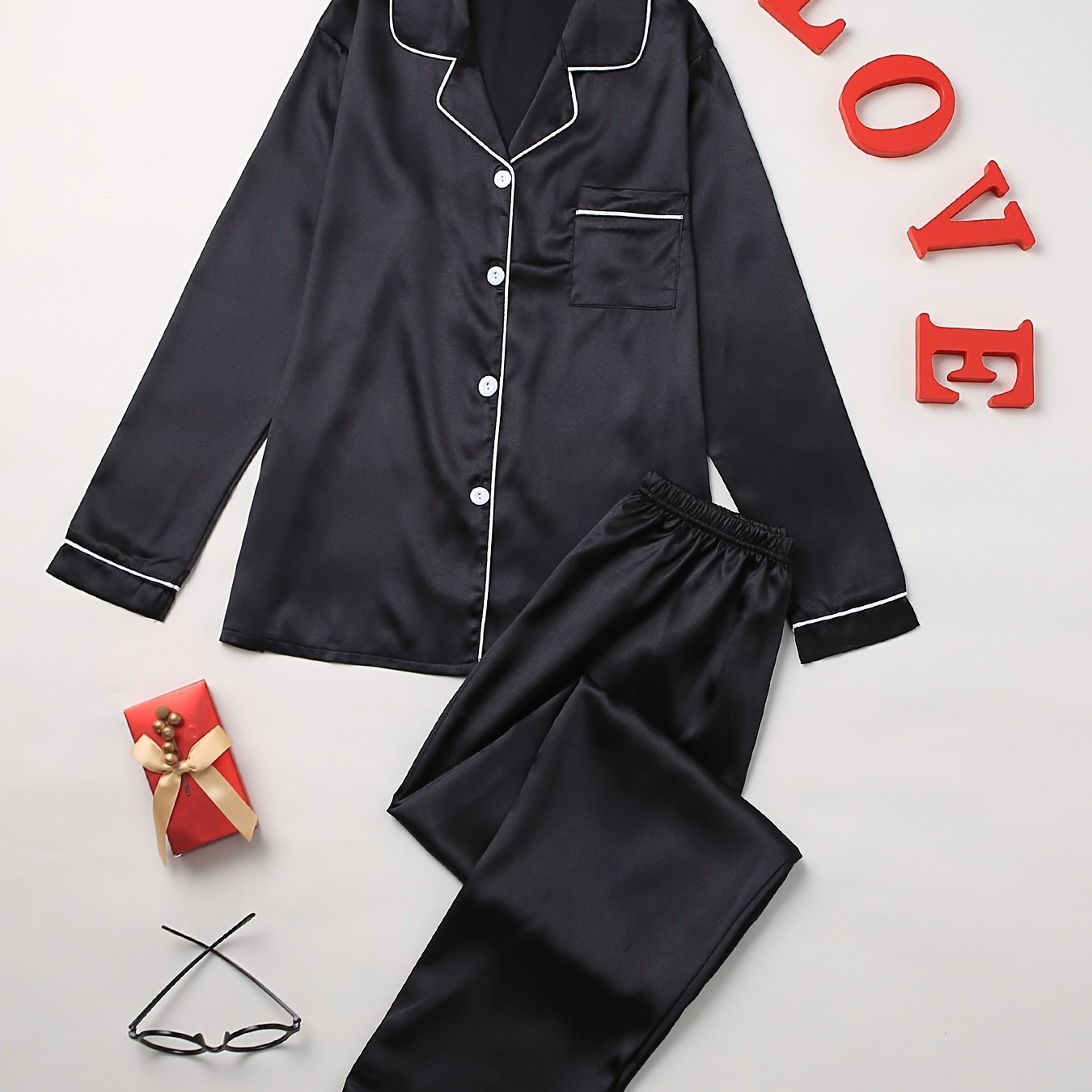Solid Pajama Set, Long Sleeve Button Up Lapel Top & Pants Pj Set, Women's Sleepwear & Loungewear
