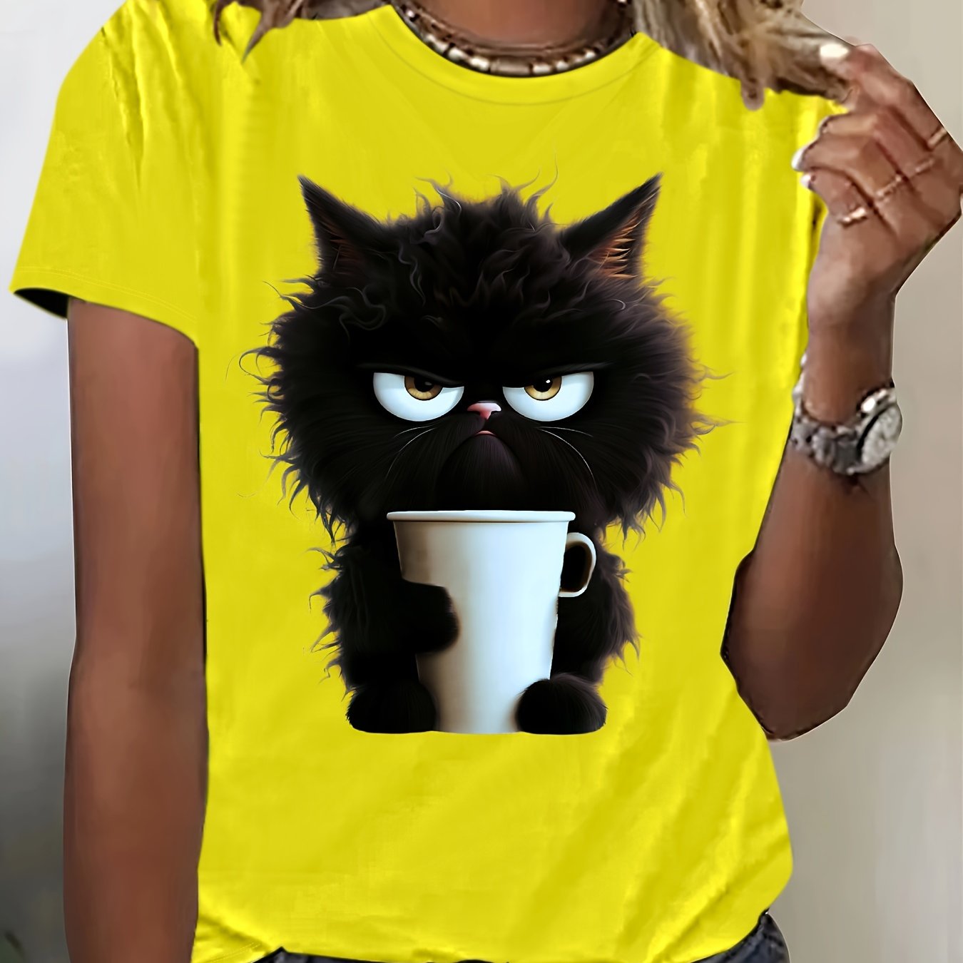 Cat Print T-shirt, Casual Short Sleeve Crew Neck Top For Spring & Summer, Women's Clothing