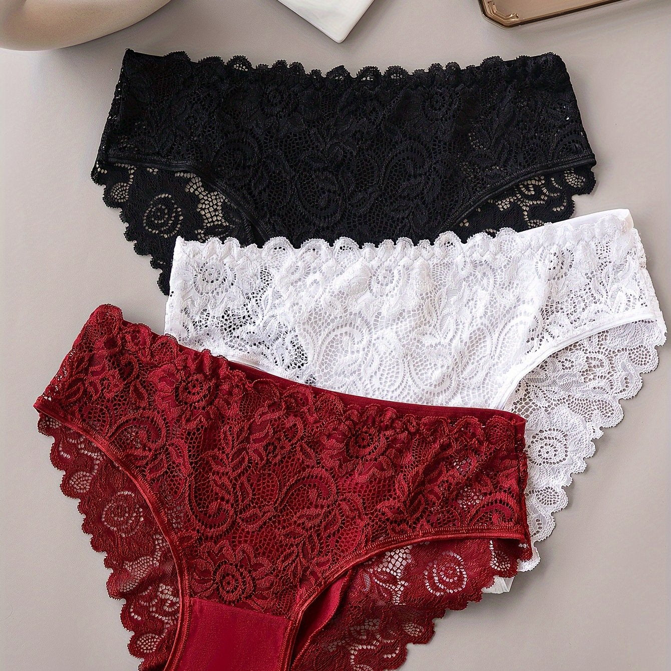 3pcs Solid Lace Briefs, Comfy Breathable Stretchy Intimates Panties, Women's Lingerie & Underwear