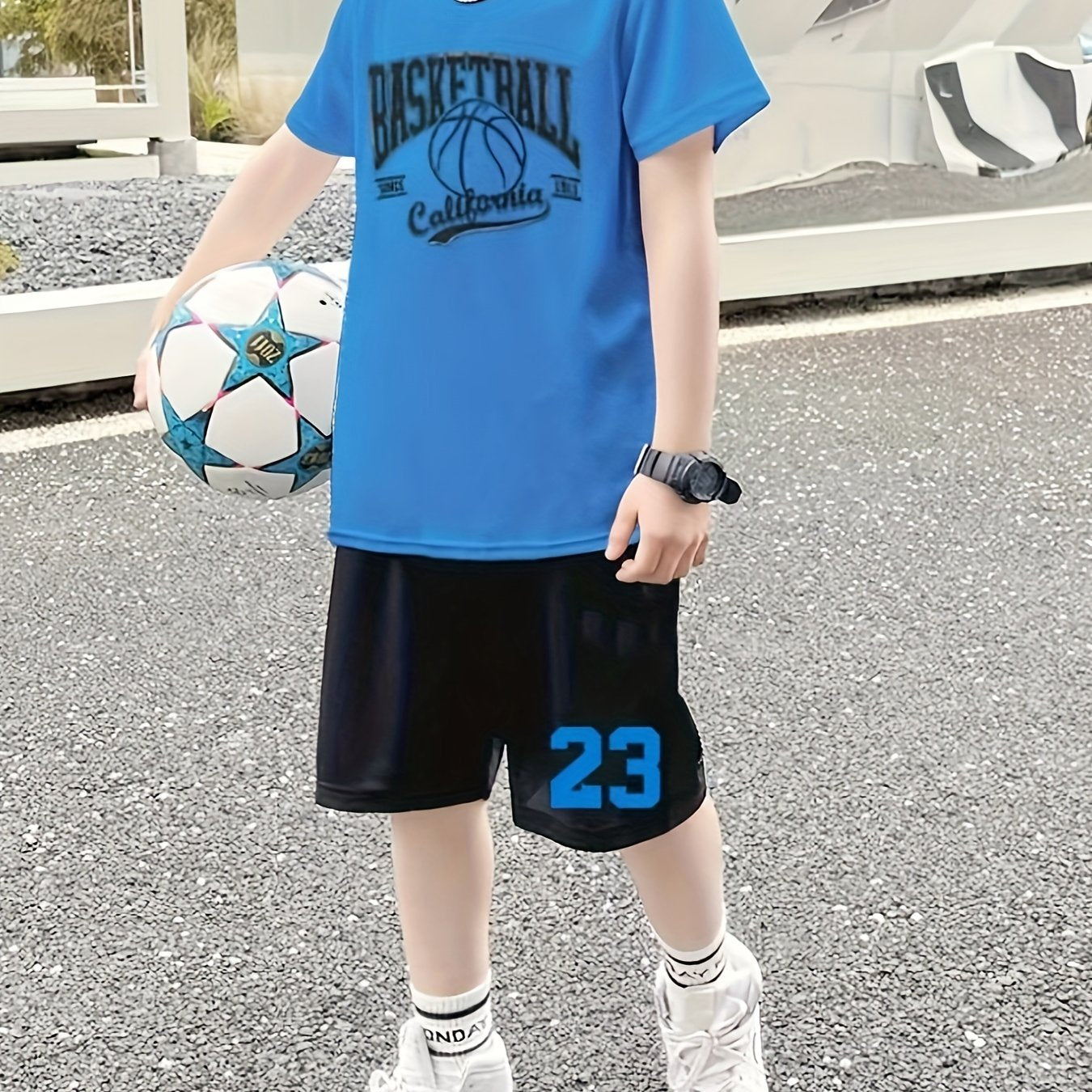 Boy's 2pcs T-shirt & Elastic Waist Shorts Set, SPORTS Print Short Sleeve Tee Top, Color Clash Casual Kids Clothes For Summer