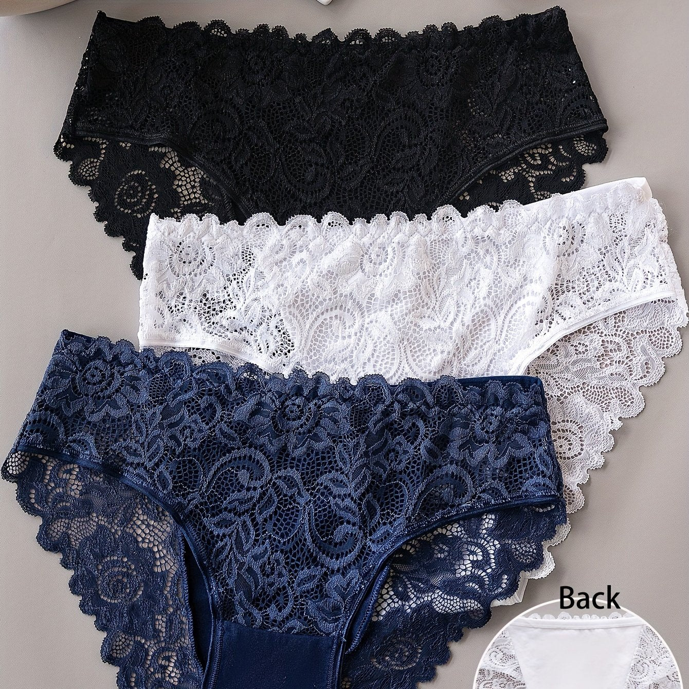 3pcs Solid Lace Briefs, Comfy Breathable Stretchy Intimates Panties, Women's Lingerie & Underwear