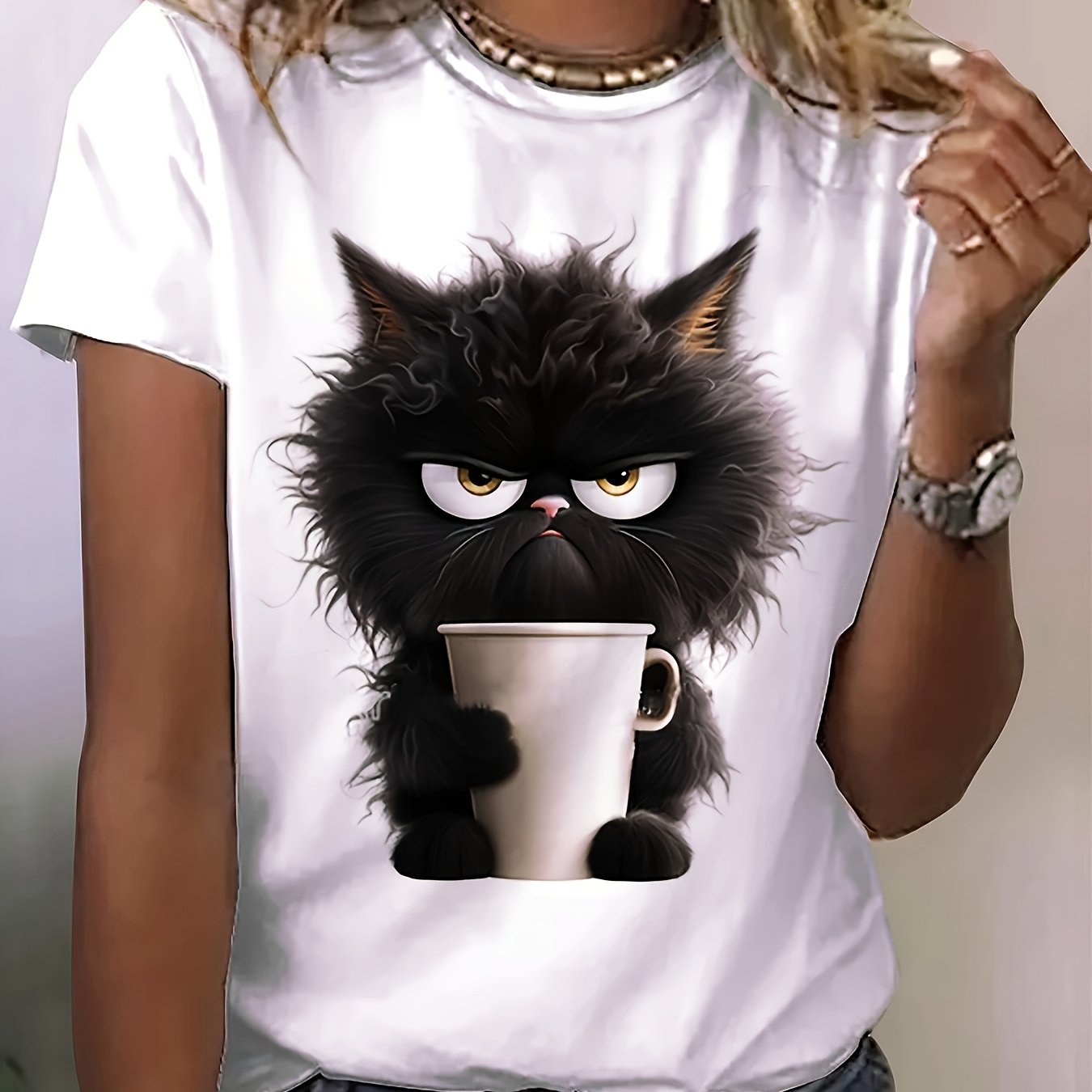 Cat Print T-shirt, Casual Short Sleeve Crew Neck Top For Spring & Summer, Women's Clothing