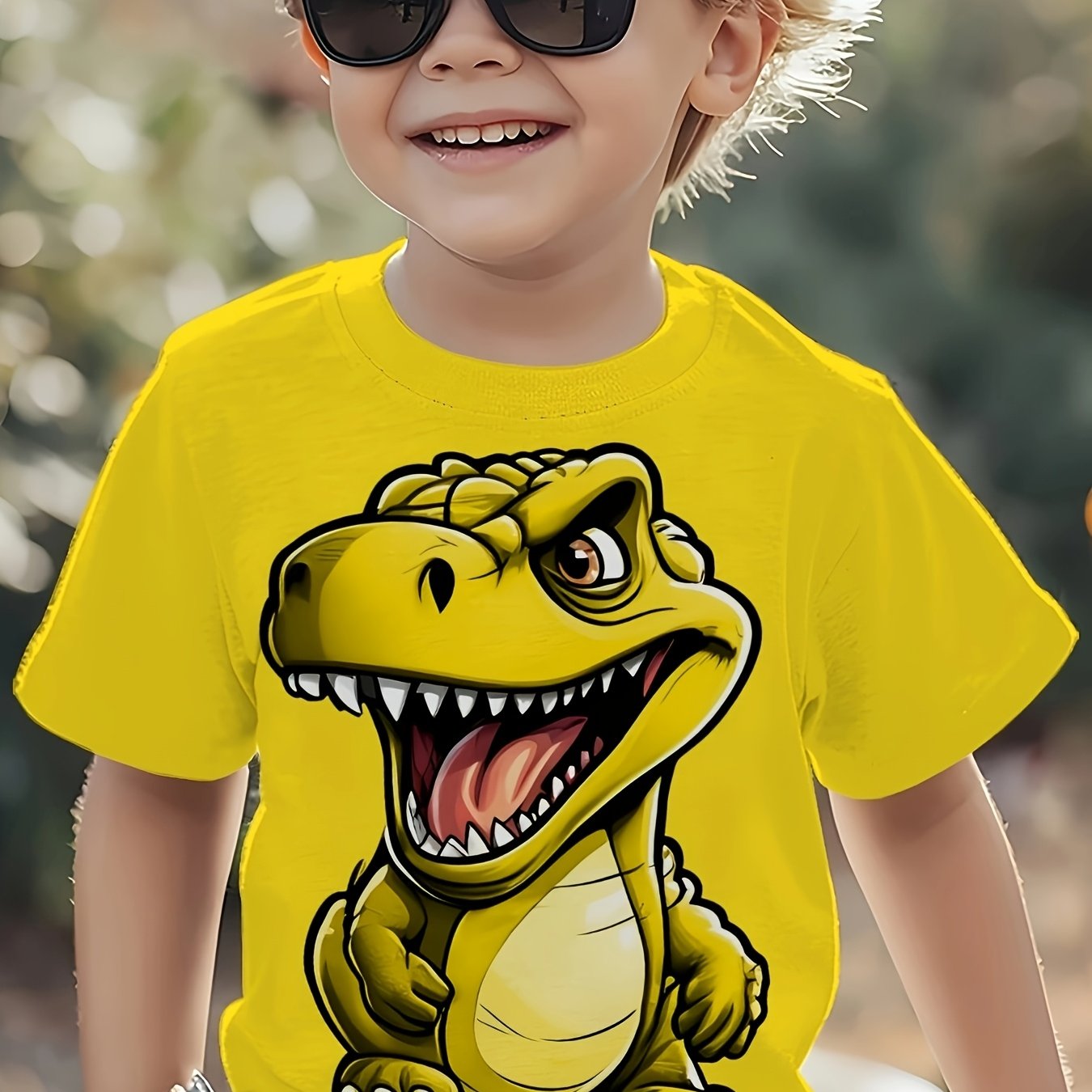 Adorable Dinosaur-Themed Design on a Boys' Short-Sleeve T-Shirt with a Round Neck, Suitable for Sports And Casual Outings, Made from Slightly Stretchy Fabric That Is Comfortable And Breathable, Featuring a Stylish Look That P