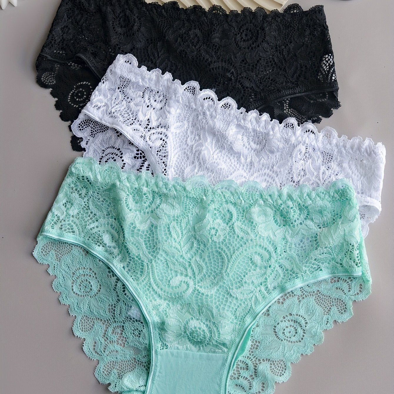 3pcs Solid Lace Briefs, Comfy Breathable Stretchy Intimates Panties, Women's Lingerie & Underwear