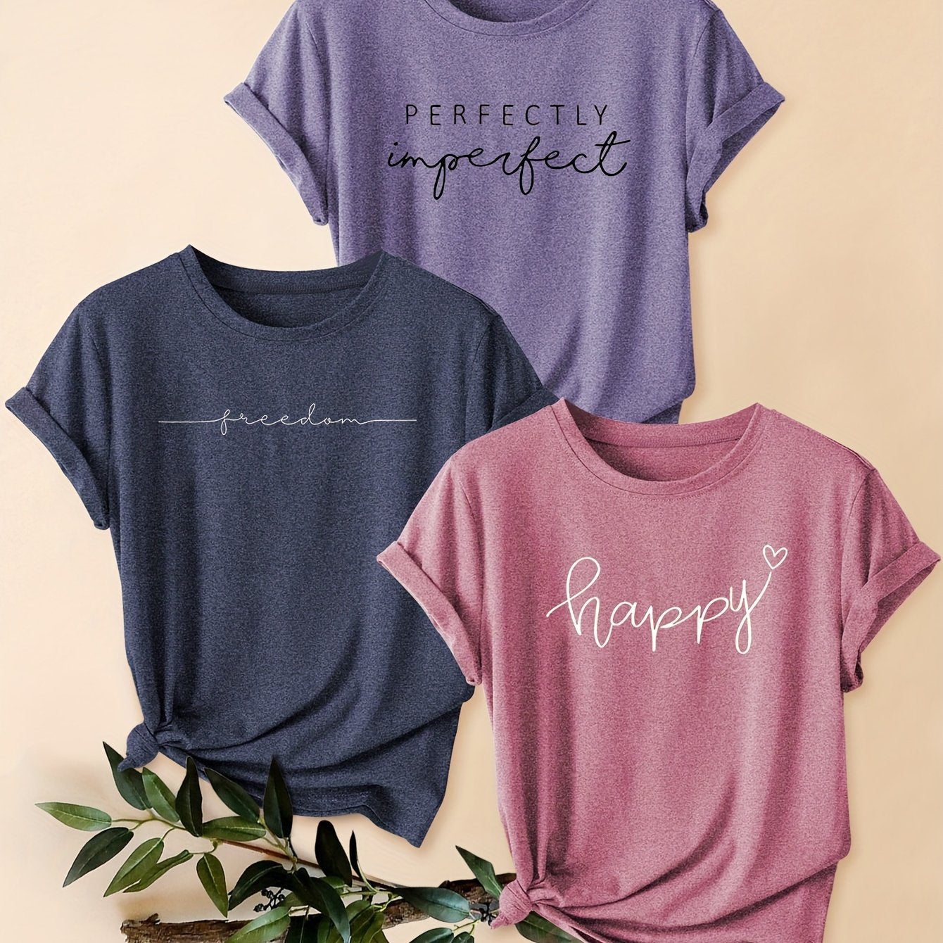 3-piece Mixed Pack Retro Style Letter Print Comfortable Breathable T-Shirt, Casual Crew Neck Short Sleeve Sports Tops For Summer, Women's Clothing