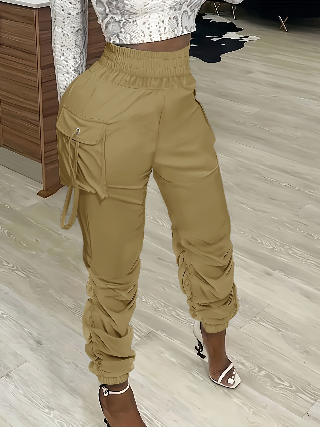 Women's Olive Green Cargo Pants with Ruched Waist - Casual Polyester, Straight Fit, Solid Color, Machine Washable, All-Season Wear