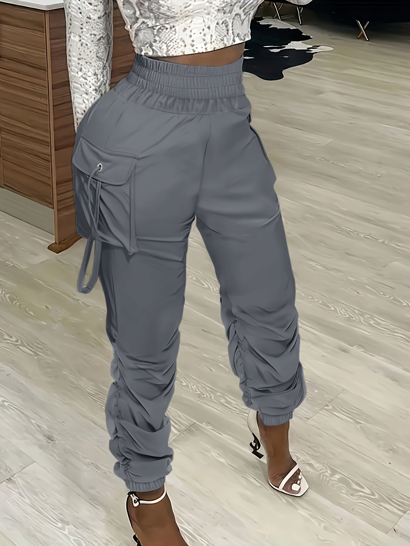 Women's Olive Green Cargo Pants with Ruched Waist - Casual Polyester, Straight Fit, Solid Color, Machine Washable, All-Season Wear