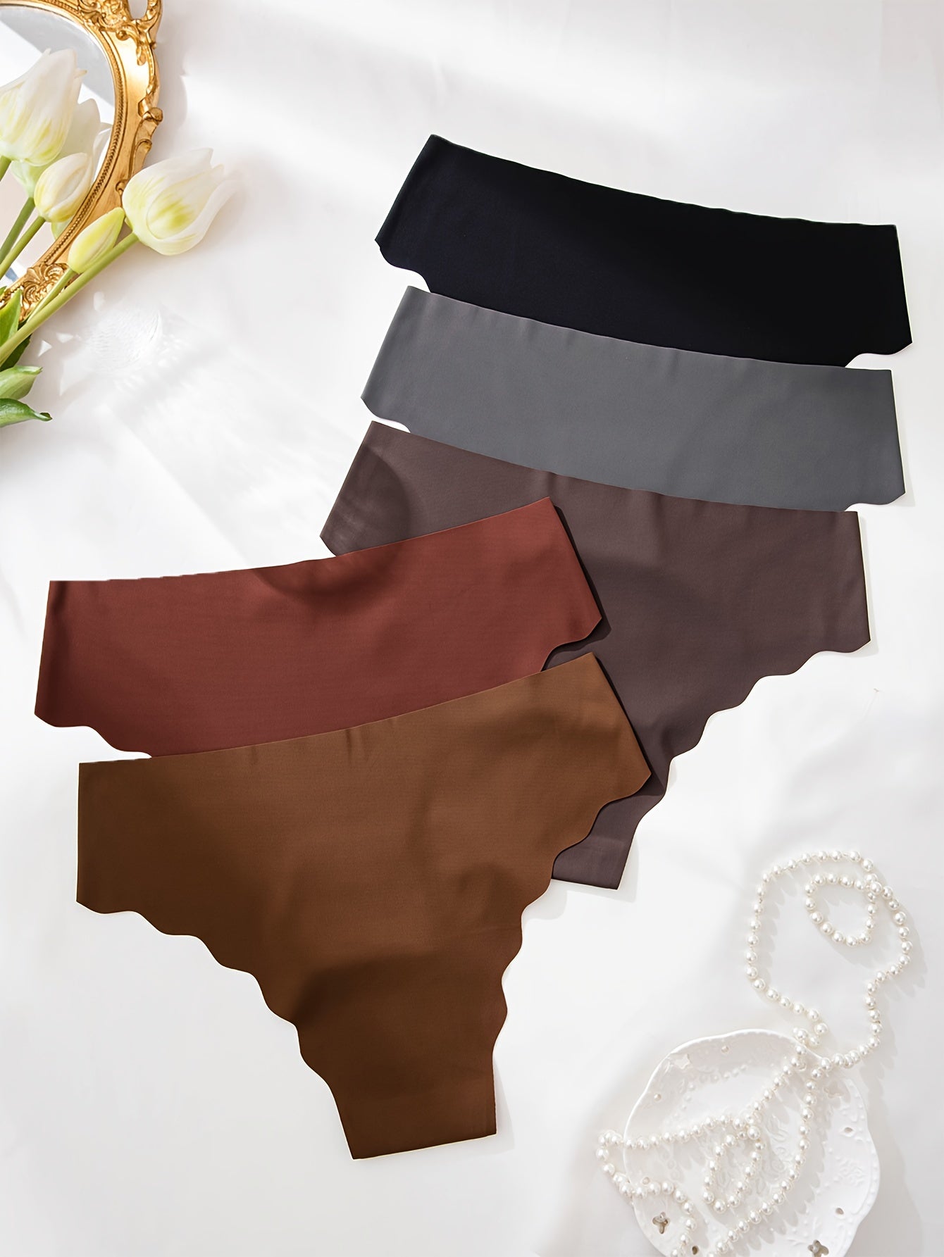 12pcs Solid Seamless Scallop Trim Briefs, Simple Comfy Breathable Stretchy Intimates Panties, Women's Lingerie & Underwear