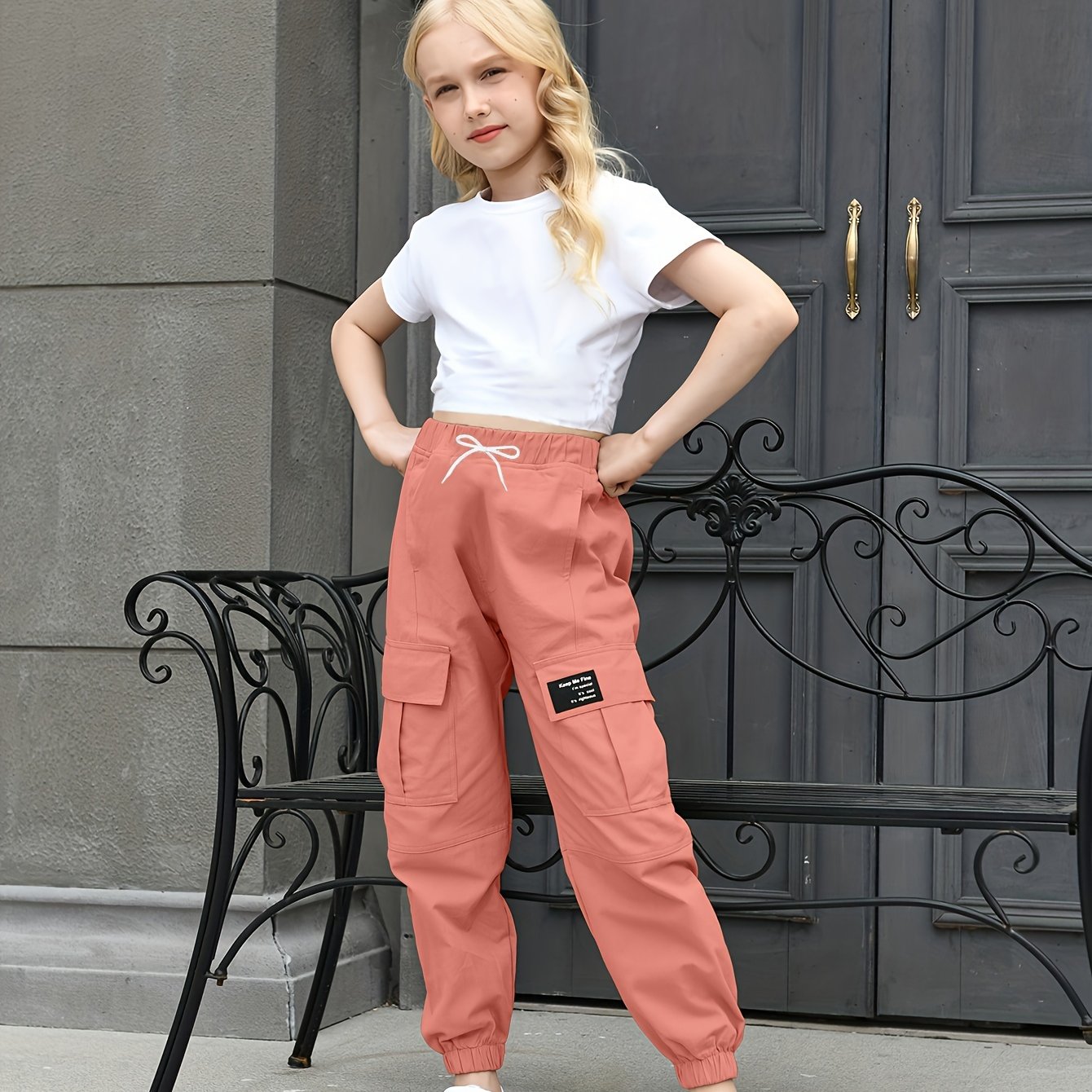 BINPAW Girls Casual Cargo Jogger Pants High Waisted Cargo Pants Outdoor Pants With Pockets